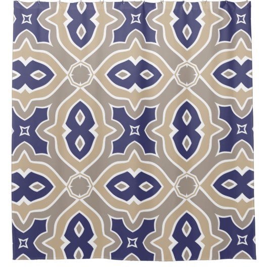 Navy Blue en Taupe Moroccan Douchegordijn (Voorkant)