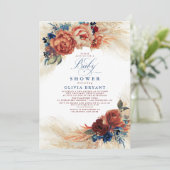 Navy Blue en Terracotta Floral Boho Baby shower Kaart (Staand voorkant)