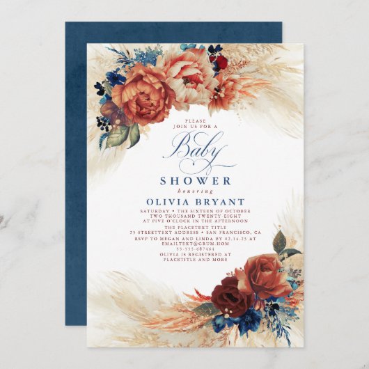 Navy Blue en Terracotta Floral Boho Baby shower Kaart (Voorkant / Achterkant)