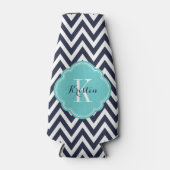 Navy Blue en Turquoise Chevron Monogram Flesjeskoeler (Voorkant)