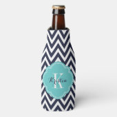 Navy Blue en Turquoise Chevron Monogram Flesjeskoeler (Fles Voorkant)