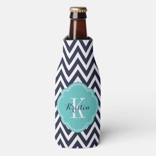 Navy Blue en Turquoise Chevron Monogram Flesjeskoeler (Fles Voorkant)