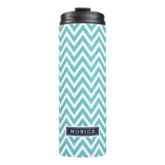 Navy Blue en Turquoise Chevron Monogram Thermosbeker (Voorkant)