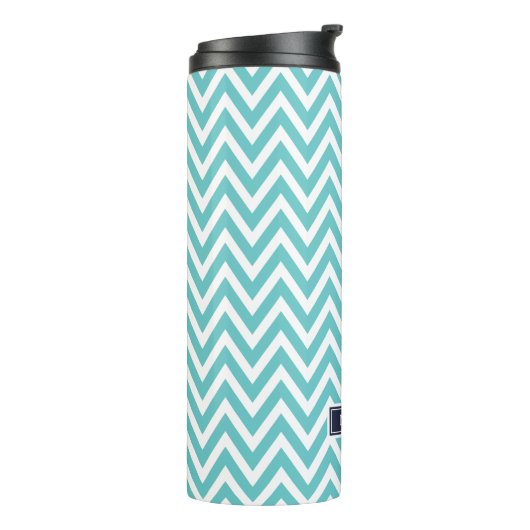 Navy Blue en Turquoise Chevron Monogram Thermosbeker (Gedraaid links)