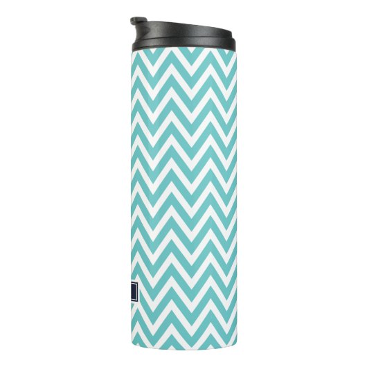 Navy Blue en Turquoise Chevron Monogram Thermosbeker (Geroteerd rechts)