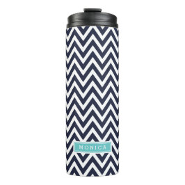 Navy Blue en Turquoise Chevron Monogram Thermosbeker