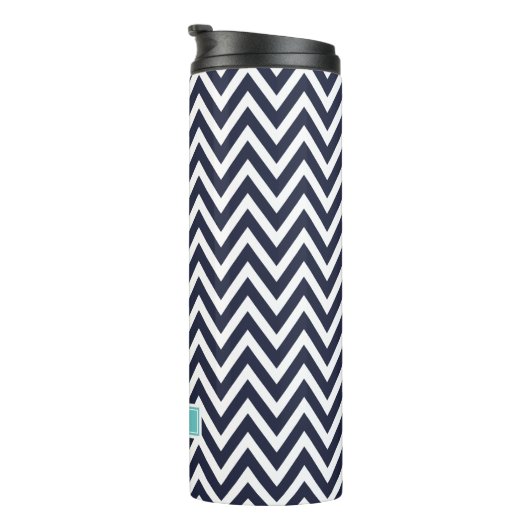 Navy Blue en Turquoise Chevron Monogram Thermosbeker (Geroteerd rechts)