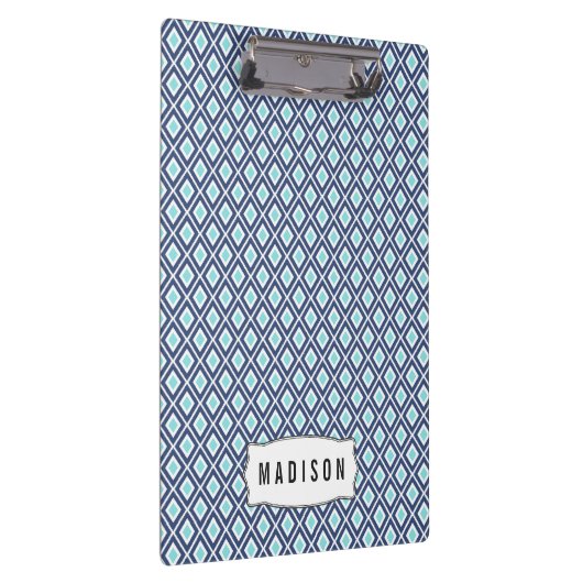 Navy Blue en Turquoise Ikat Patroon Monogram Klembord (Rechts)