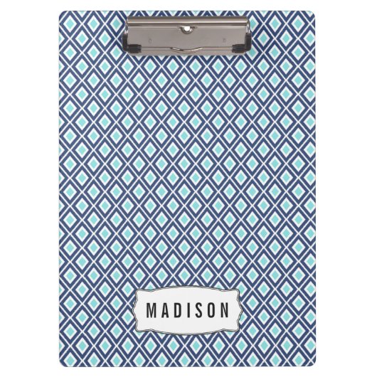 Navy Blue en Turquoise Ikat Patroon Monogram Klembord (Voorkant)