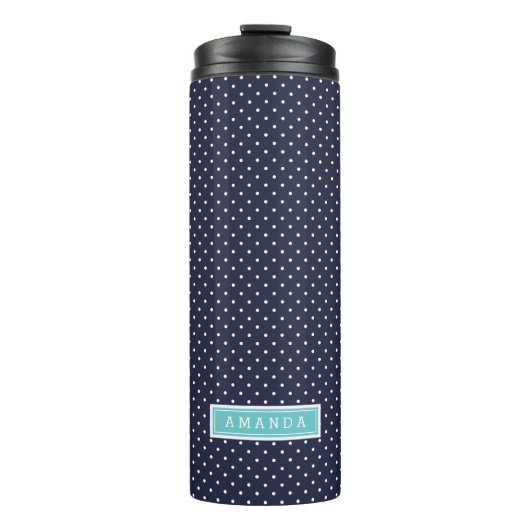Navy Blue en Turquoise Tiny Stippen Monogram Thermosbeker (Voorkant)