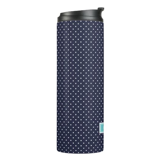 Navy Blue en Turquoise Tiny Stippen Monogram Thermosbeker (Gedraaid links)