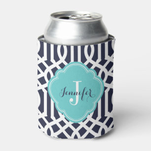Navy Blue en Turquoise Trellis Monogram Blikjeskoeler
