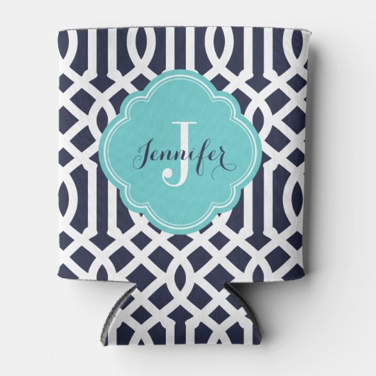 Navy Blue en Turquoise Trellis Monogram Blikjeskoeler (Voorkant)