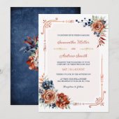 Navy Blue en Verbrand Sinaasappel Goud bruiloft Sj Kaart (Voorkant / Achterkant)