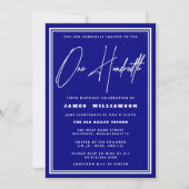Navy Blue en White 100th Birthday Invitation Kaart (Voorkant)