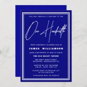 Navy Blue en White 100th Birthday Invitation Kaart (Voorkant / Achterkant)