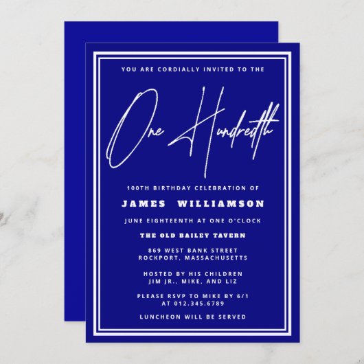 Navy Blue en White 100th Birthday Invitation Kaart (Voorkant / Achterkant)