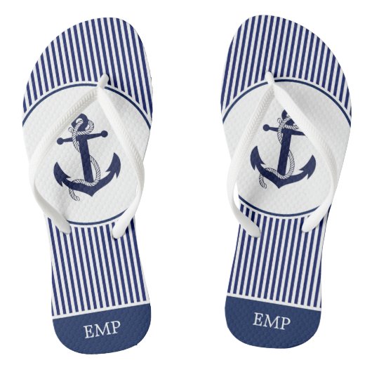 Navy Blue en White Anchor en Striped  Teenslippers (Voetbed)