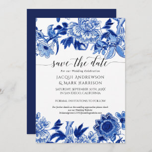 Navy Blue en White Asian Influence Chinoiserie Save The Date