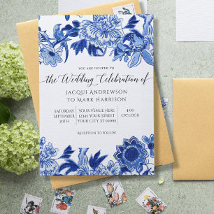 Navy Blue en White Asian Influence Wedding Kaart