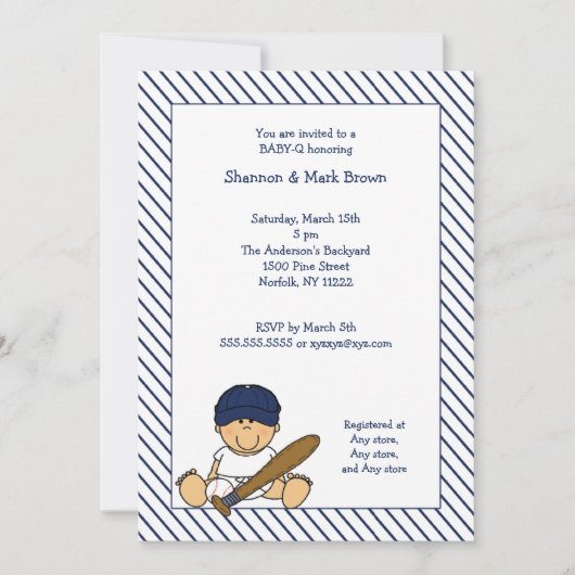 Navy Blue en White Baseball Baby shower Invite med Kaart (Voorkant)