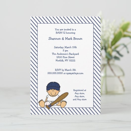 Navy Blue en White Baseball Baby shower Invite med Kaart (Staand voorkant)