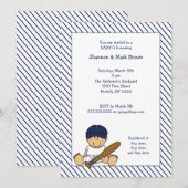 Navy Blue en White Baseball Baby shower Invite med Kaart (Voorkant / Achterkant)