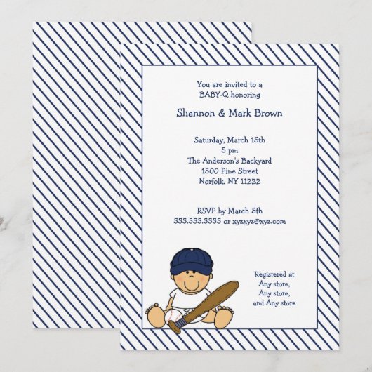 Navy Blue en White Baseball Baby shower Invite med Kaart (Voorkant / Achterkant)