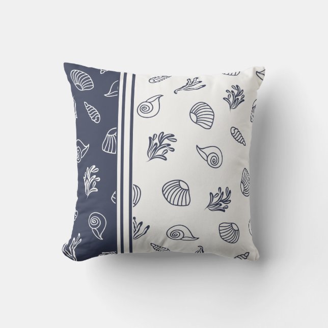 Navy Blue en White Beach House Coastal Nautical Buitenkussen (Voorkant)
