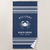 Navy Blue en White Beach House Familienaam Crab Strandlaken (Voorkant)