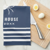 Navy Blue en White Beach House Familienaam Crab Theedoek (Quarter Fold)