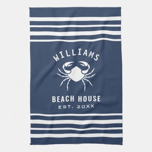 Navy Blue en White Beach House Familienaam Crab Theedoek (Verticaal)