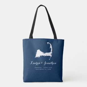 Navy Blue en White Cape Cod Map Wedding Gift Tote Bag