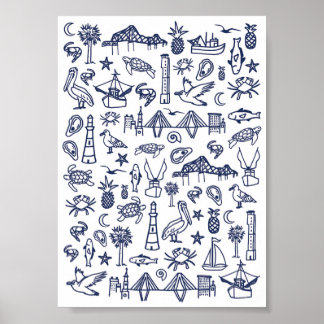 Navy Blue en White Charleston Toile Mini Poster
