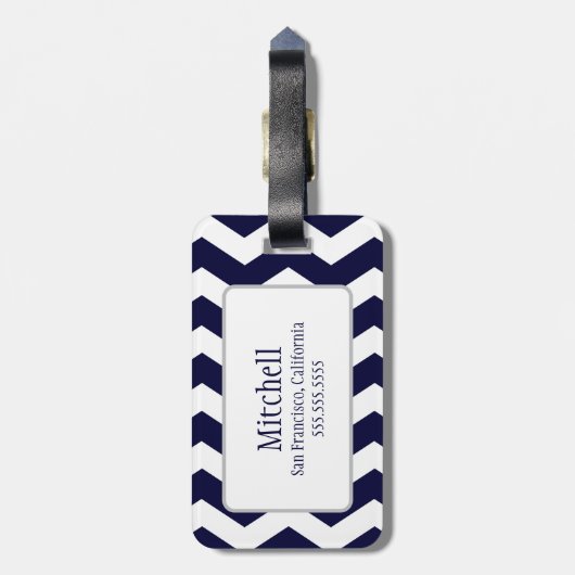 Navy Blue en White Chevron Monogram Lugguage Label Bagagelabel (Achterkant verticaal)