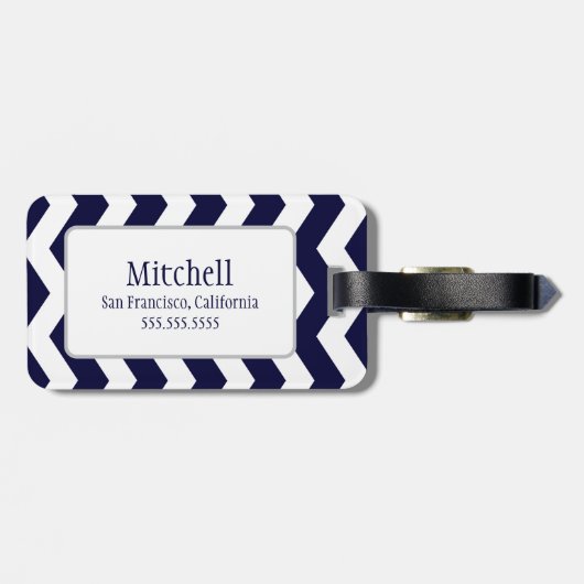 Navy Blue en White Chevron Monogram Lugguage Label Bagagelabel (Achterkant horizontaal)