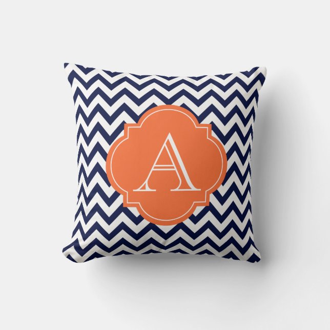 Navy Blue en White Chevron Oranje Monogram Pillow Kussen (Voorkant)