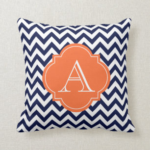 Navy Blue en White Chevron Oranje Monogram Pillow Kussen