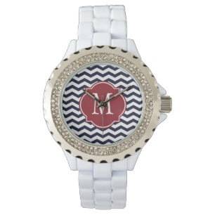 Navy Blue en White Chevron Pattern Horloge