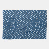 Navy Blue en White Chevron Pattern, Uw Monogram Theedoek (Horizontaal)
