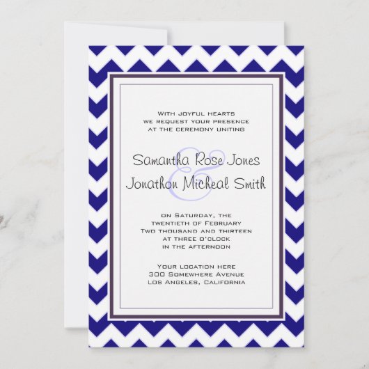 Navy Blue en White Chevron Wedding Kaart (Voorkant)
