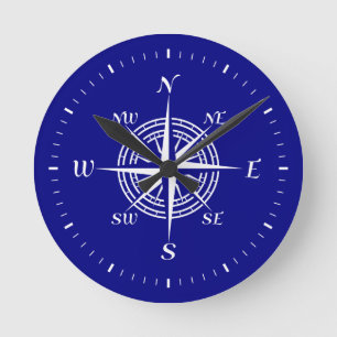 Navy Blue en White Coastal Decor Compass Roos Ronde Klok