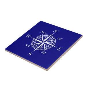 Navy Blue en White Coastal Decor Compass Roos Tegeltje