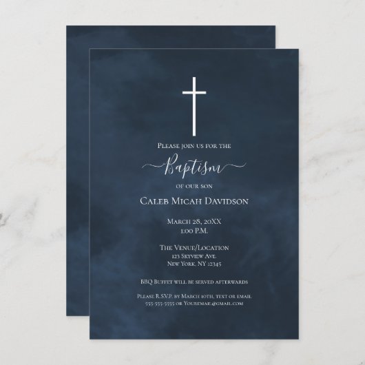 Navy Blue en White Cross Modern Baptisme Kaart (Voorkant / Achterkant)