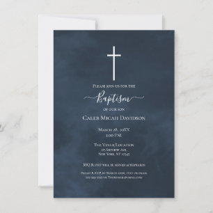 Navy Blue en White Cross Modern Baptisme Kaart