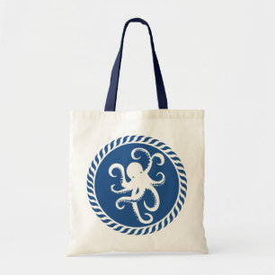Navy Blue en White Cute Octopus Illustration Tote Bag