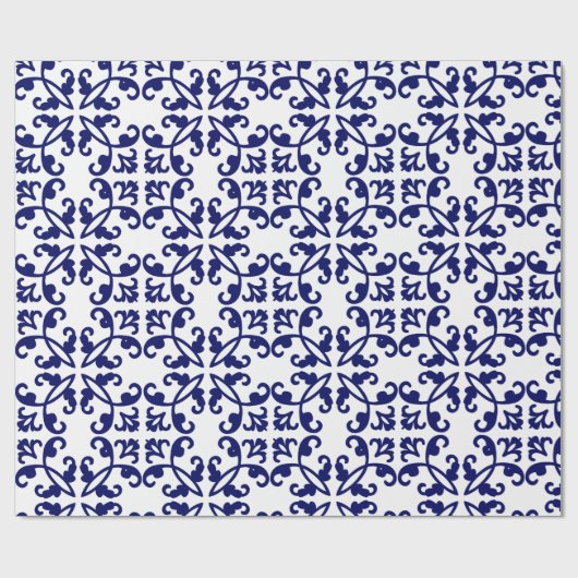 Navy Blue en White Damask Pattern Cadeaupapier (Vlak)
