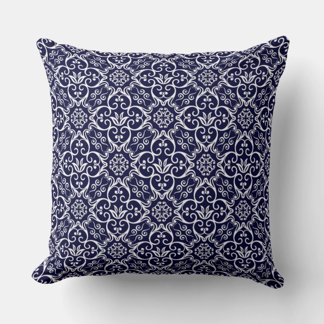 Navy Blue en White Damask Pillow Kussen (Voorkant)