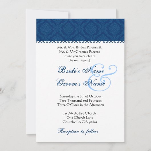Navy Blue en White Damask Wedding Kaart (Voorkant)