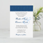 Navy Blue en White Damask Wedding Kaart (Staand voorkant)